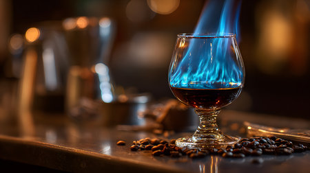 A dramatic artistic photo of flaming Sambuca served in a snifter glass with blue flames rising above and coffee beans scattered on the bar counter.の素材