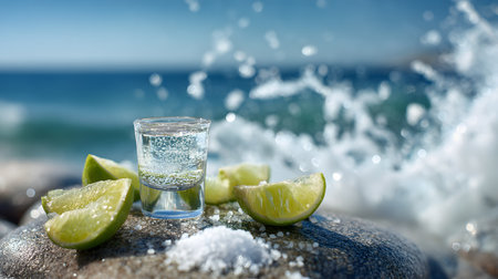A refreshing Kamikaze cocktail shot served with lime wedges on the beach, perfect for a summer party atmosphere.の素材