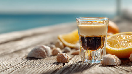 A layered cocktail shot served in a clear glass on a wooden table by the sea, decorated with citrus slices and seashells.の素材