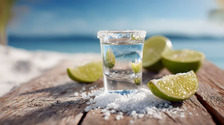 A bright outdoor photo of a tequila slammer shot glass with a salted rim, lime wedges, and scattered salt crystals on a beachside wooden table.の素材
