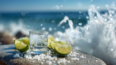 A refreshing Kamikaze cocktail shot served with lime wedges on the beach, perfect for a summer party atmosphere.の素材