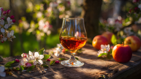 A bright outdoor photo of Calvados served in a tulip glass, placed on a rustic wooden table surrounded by apple blossoms and fresh apples in natural sunlight.の素材