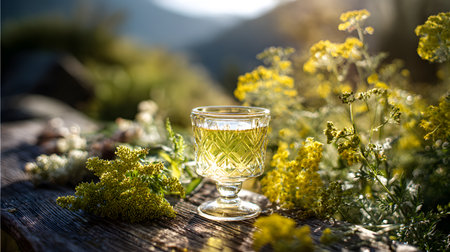 A bright outdoor photo of Chartreuse served in a clear glass, placed on a rustic wooden surface surrounded by blooming alpine yellow herbs in natural sunlight.の素材
