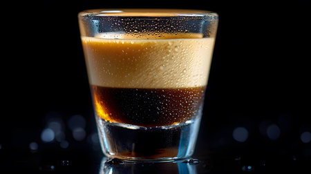 Studio close-up of a small shot glass with layered liqueurs and a frothy crema on top, captured against a dark background with condensation on the glass.の素材