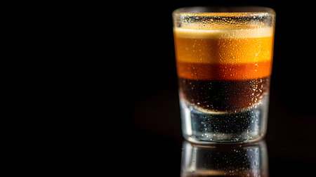 Studio photograph of a small shot glass with three distinct colorful liqueur layers in cream, red, and dark brown tones, set against a black background with condensation on the glass.の素材
