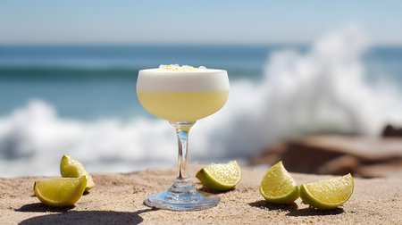 Bright seaside photo of a Pisco Sour cocktail served in a coupe glass with a thick foamy top, garnished with a sprinkle of spice. Fresh lime wedges rest on the sandy table, while the waves of the ocean create a tropical summer background.の素材