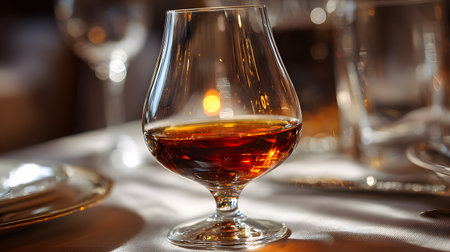 A tulip shaped glass filled with amber colored Armagnac, placed on a white tablecloth with a bouquet of tulips in the background, capturing a refined and elegant dining atmosphere.の素材