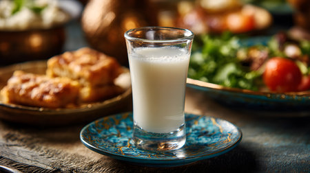 A tall clear glass of traditional ayran yogurt drink placed on a decorative plate, served alongside a variety of Mediterranean dishes on a dining table.の素材