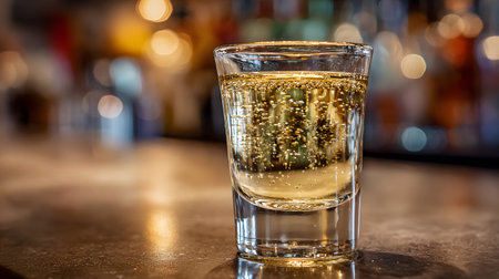 A close-up photo of a Tequila Slammer in a shot glass, filled with golden tequila mixed with soda, with sparkling bubbles rising to the surfaceの素材