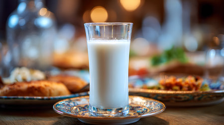 A tall clear glass of traditional ayran yogurt drink placed on a decorative plate, served alongside a variety of Mediterranean dishes on a dining table.の素材