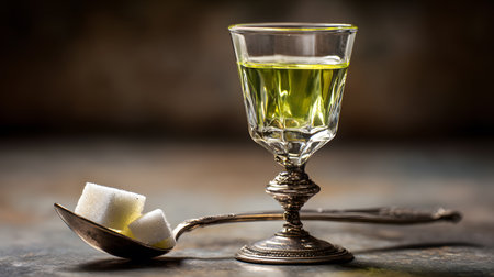 An elegant glass of traditional absinthe served with a sugar cube placed on a spoon, styled on a rustic wooden table with vintage silverware.の素材