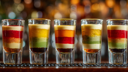 A row of five colorful layered cocktail shots in clear glasses, each with distinct stripes of different colors, arranged on a reflective bar counter.の素材