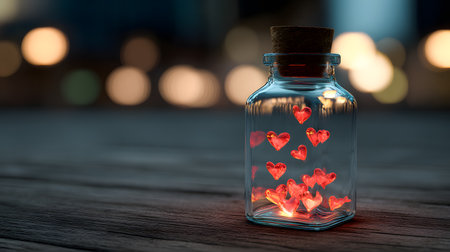 Glass bottle with glowing red hearts inside, standing on a wooden surface with warm blurred lights in the background. A romantic and dreamy concept symbolizing love, affection, and celebration of Valentine's Day.の素材