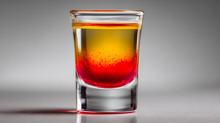 A bright photo of a Prairie Fire shot in a clear glass, showing the vibrant layers of golden tequila with a fiery red hot sauce infusionの素材