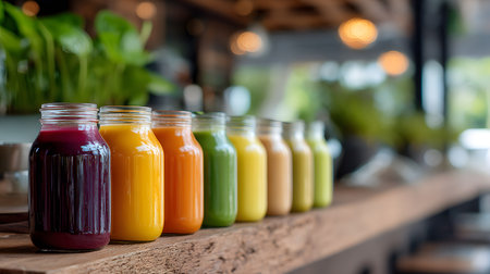 A row of eco friendly glass jars filled with colorful fresh juices, standing on a wooden counter in a cozy cafe with green plants in the backgroundの素材