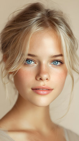 Close-up portrait of a young blonde woman with striking blue eyes, smooth natural skin, and delicate features, captured with minimal makeup and soft lighting.の素材