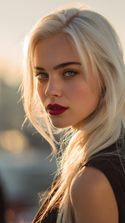 Close-up fashion portrait of a blonde woman with red lipstick, illuminated by warm golden hour sunlight, highlighting her confident expression and natural elegance.の素材