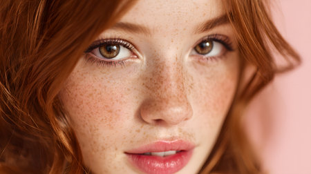 Close-up portrait of a young woman with natural freckles and red hair, highlighting detailed skin texture, soft lips, and expressive eyes in a warm composition.の素材