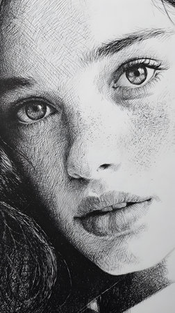 Close-up portrait of a young woman created entirely with cross-hatching ink technique, emphasizing detailed shading, expressive features, and artistic texture.の素材