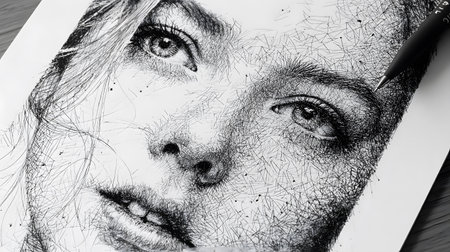 Close-up portrait of a young woman created entirely with cross-hatching ink technique, emphasizing detailed shading, expressive features, and artistic texture.の素材