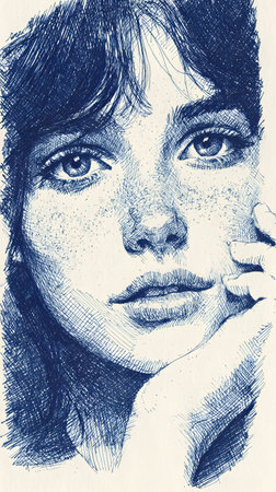 Close-up portrait of a young woman created entirely with cross-hatching ink technique, emphasizing detailed shading, expressive features, and artistic texture.の素材
