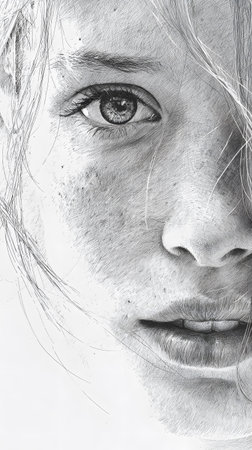 Close-up portrait of a young woman created entirely with cross-hatching ink technique, emphasizing detailed shading, expressive features, and artistic texture.の素材