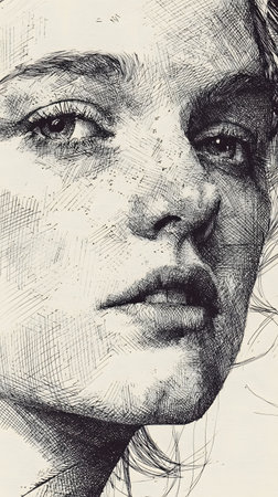 Close-up portrait of a young woman created entirely with cross-hatching ink technique, emphasizing detailed shading, expressive features, and artistic texture.の素材