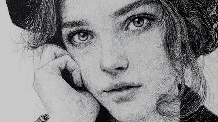 Close-up portrait of a young woman created entirely with cross-hatching ink technique, emphasizing detailed shading, expressive features, and artistic texture.の素材