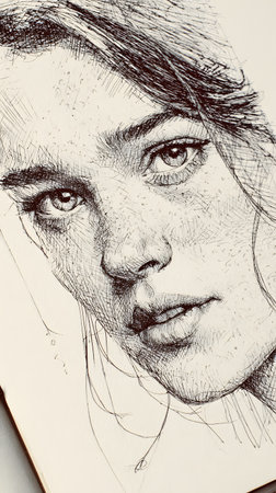 Close-up portrait of a young woman created entirely with cross-hatching ink technique, emphasizing detailed shading, expressive features, and artistic texture.の素材