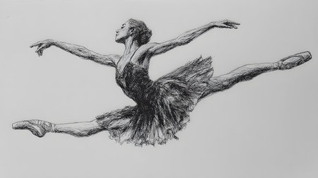 Full-body sketch illustration of a ballerina captured mid-air in a grand jetÃ©, with arms extended gracefully and tutu flowing. Rendered in expressive ink lines, the drawing emphasizes movement, strength, and elegance of classical ballet.の素材