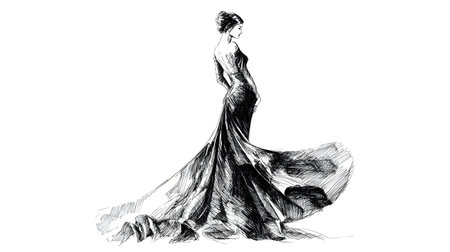 Artistic sketch of an elegant woman in a long evening gown with a flowing train, drawn with expressive lines and graceful detail.の素材