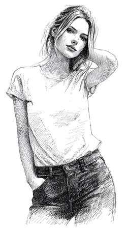 Detailed sketch illustration of a young woman in casual clothing, wearing at shirt and jeans, drawn with expressive line art and crosshatching.の素材