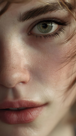 A close up portrait of a young woman with light green eyes, soft freckles, and radiant natural skin, captured with striking detail and elegant beauty.の素材