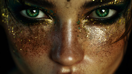 A hyperrealistic fantasy close-up of a woman's emerald green eye and lips, her face glowing with golden glitter like a celestial visionの素材
