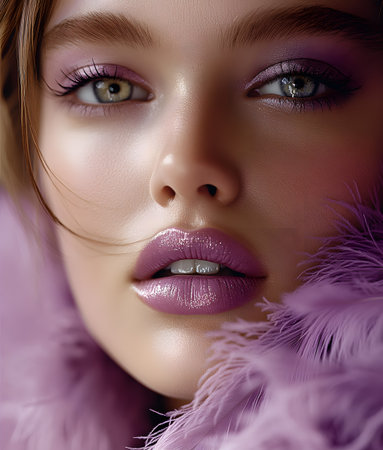 A glamorous close up portrait of a woman with glossy purple lips, soft feathers framing her face, and radiant skin captured with exquisite detail.の素材