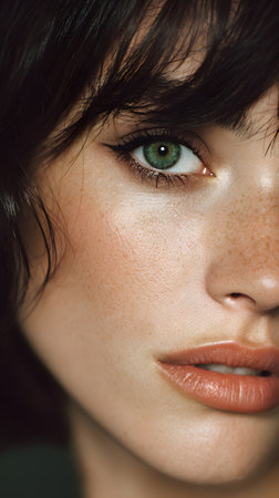 A hyperrealistic close-up portrait of a woman with emerald green eyes, delicate freckles, and sensual glossy lips. The image highlights natural skin texture, elegant beauty, and a captivating gaze in a cinematic style.の素材