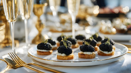 Elegant luxury table setting with black caviar appetizers and champagne glasses, representing fine dining sophistication and celebration.の素材