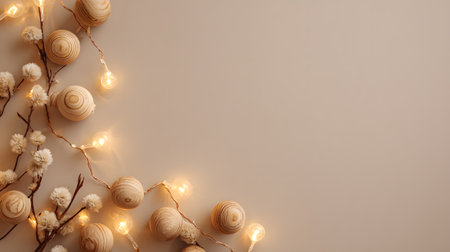 Elegant natural Christmas decoration with wooden ornaments, warm lights, and soft cozy tones.の素材