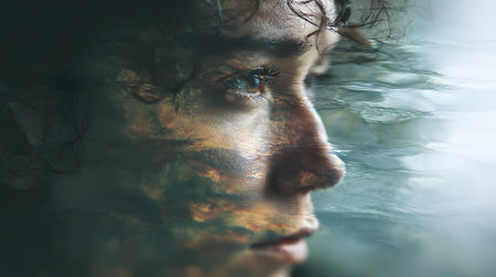 Surreal double-exposure portrait blending a human face with reflections of water and clouds, symbolizing introspection and emotion.の素材