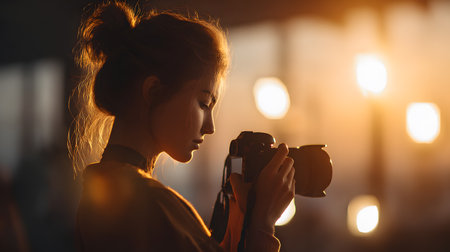 A young female photographer concentrating on her camera settings in the warm glow of sunset, surrounded by soft artistic light.の素材