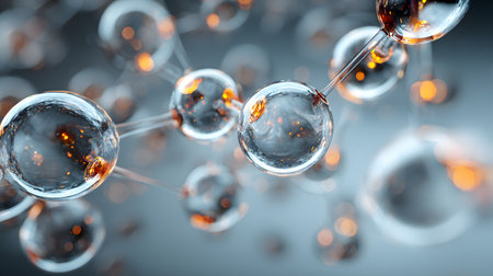 3D illustration of transparent molecular spheres connected by golden glowing links, representing innovation, nanotechnology, and scientific progress.の素材
