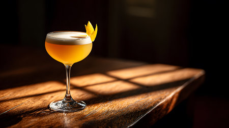 A whiskey sour cocktail served in a coupe glass with a lemon peel garnish, photographed on a wooden table in warm sunlight.の素材