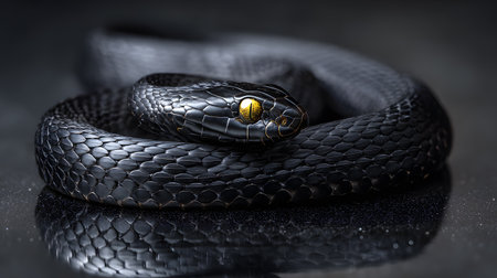 A highly detailed macro photograph of a black snake with golden eyes and reflective scales. The contrast of gold and black creates a striking and mysterious look, perfect for nature, wildlife, and luxury-themed editorial projects.の素材