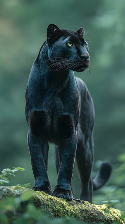 An ultra realistic photograph of a black panther standing gracefully on a mossy surface, looking into the distance within a misty rainforest. This image conveys power, elegance, and serenity, ideal for wildlife editorials and nature collections.の素材