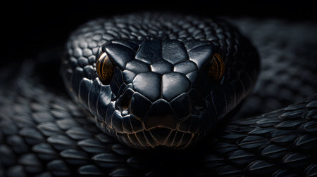 An ultra realistic macro photograph of a black snake with golden eyes. The detailed texture of dark scales and soft lighting creates a mysterious and elegant wildlife composition.の素材
