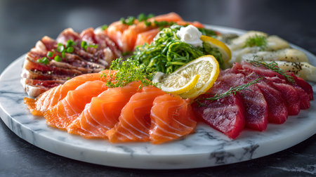 Elegant seafood platter featuring sliced salmon, tuna, and other delicacies, styled on a marble board with lemon and greens for a fine dining presentation.の素材