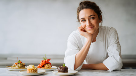 Female professional chef in a bright modern kitchen with elegant plated gourmet dishes, symbolizing creativity and passion for fine dining.の素材