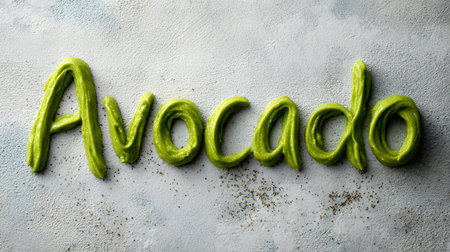 Creative food typography with the word âAvocadoâ written using creamy mashed avocado on a light textured background, symbolizing health, freshness, and vegan lifestyle.の素材