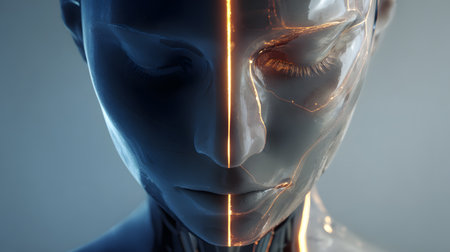 A close-up futuristic digital portrait of a humanoid face with closed eyes and a glowing vertical line symbolizing the fusion of human and artificial intelligence.の素材