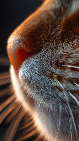 Macro close-up of a cat's nose and whiskers, showing the fine texture of fur and natural light reflections in warm tones.の素材